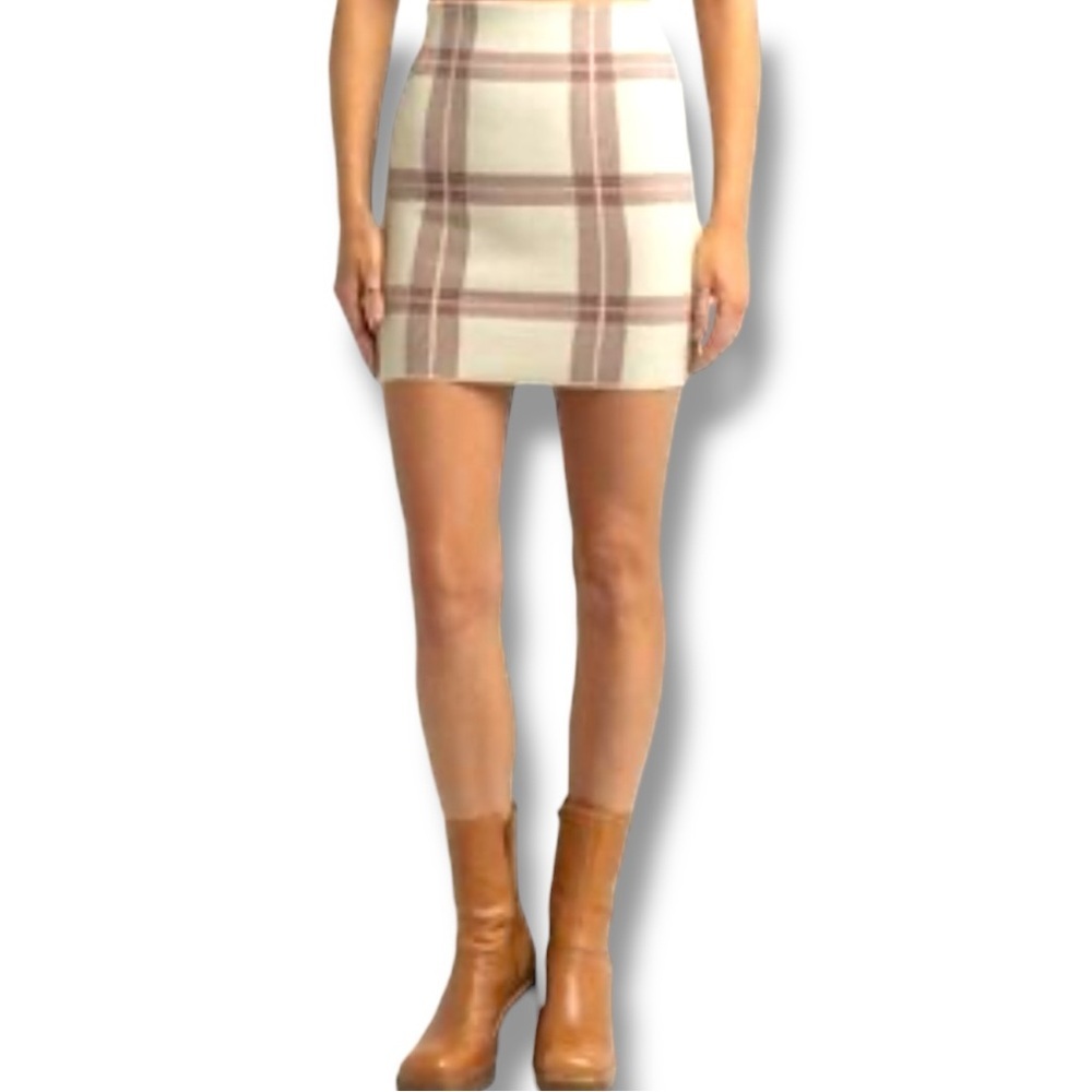 Full Tilt Cream and Brown Plaid High Waisted Mini Pencil Bodycon Skirt